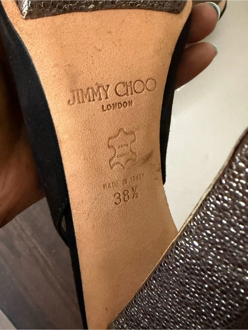 Jimmy Choo Black Suede Platform Slingback Heels with Metallic Block Heel